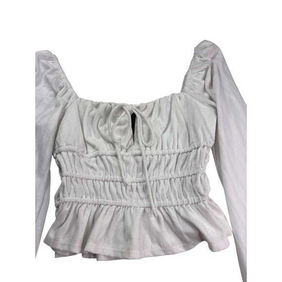 Forever 21 Smocked Cropped Peasant Top S Keyhole Tie Front White Festival Boho - Picture 2 of 6